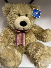 The Petting Zoo Beige Tan Furry Teddy Bear 14” Plush Red Blue Plaid Ribbon