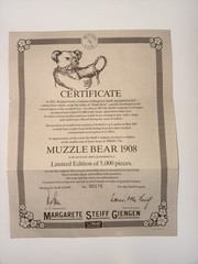 Steiff Muzzle Bear 1908 Replica 1988 Limited Edition #175/5000 Cert. w/ Growler