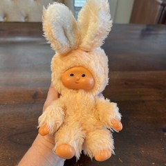 Vintage 1981 DanDee 9” Plush Doll w Bunny Suit Peach Color Vinyl Face CUTE! 80’s