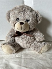 Very Soft Plush Teddy Bear Brown Bow Hard Plastic Eyes Sitting Up Position