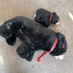 Vtg Circus Pair BLACK BEAR JAPAN Plush Glass Eyes Red Collar Straw Filled