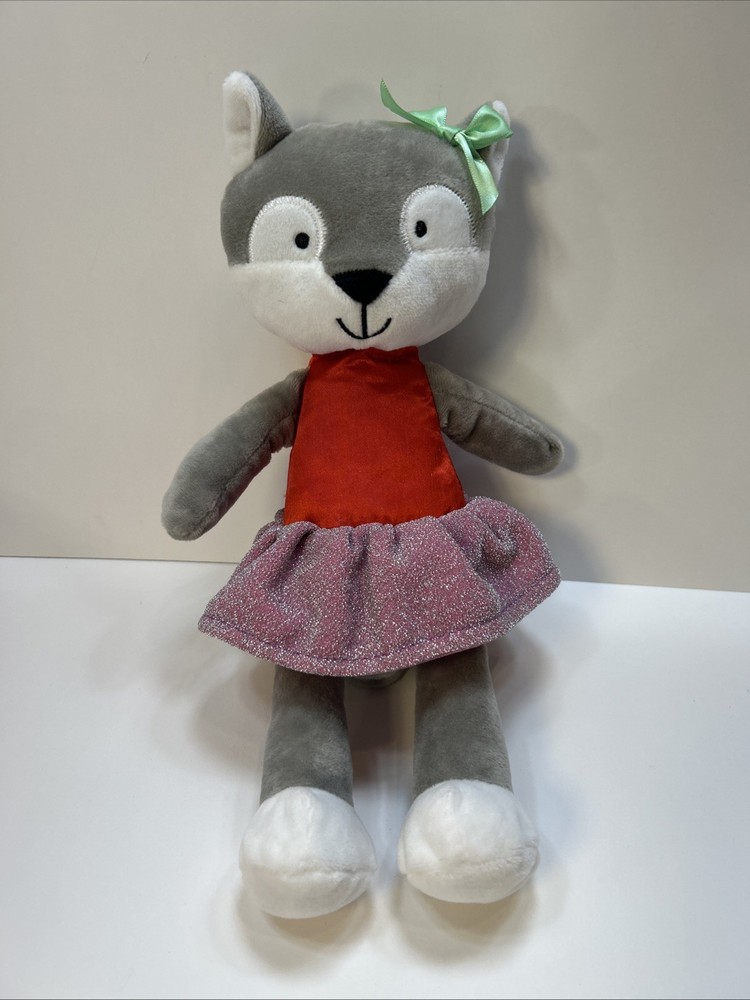 Animal Adventure Holiday GIRL FOX Gray Lovey Plush Red Pink Dress 12” Sparkle