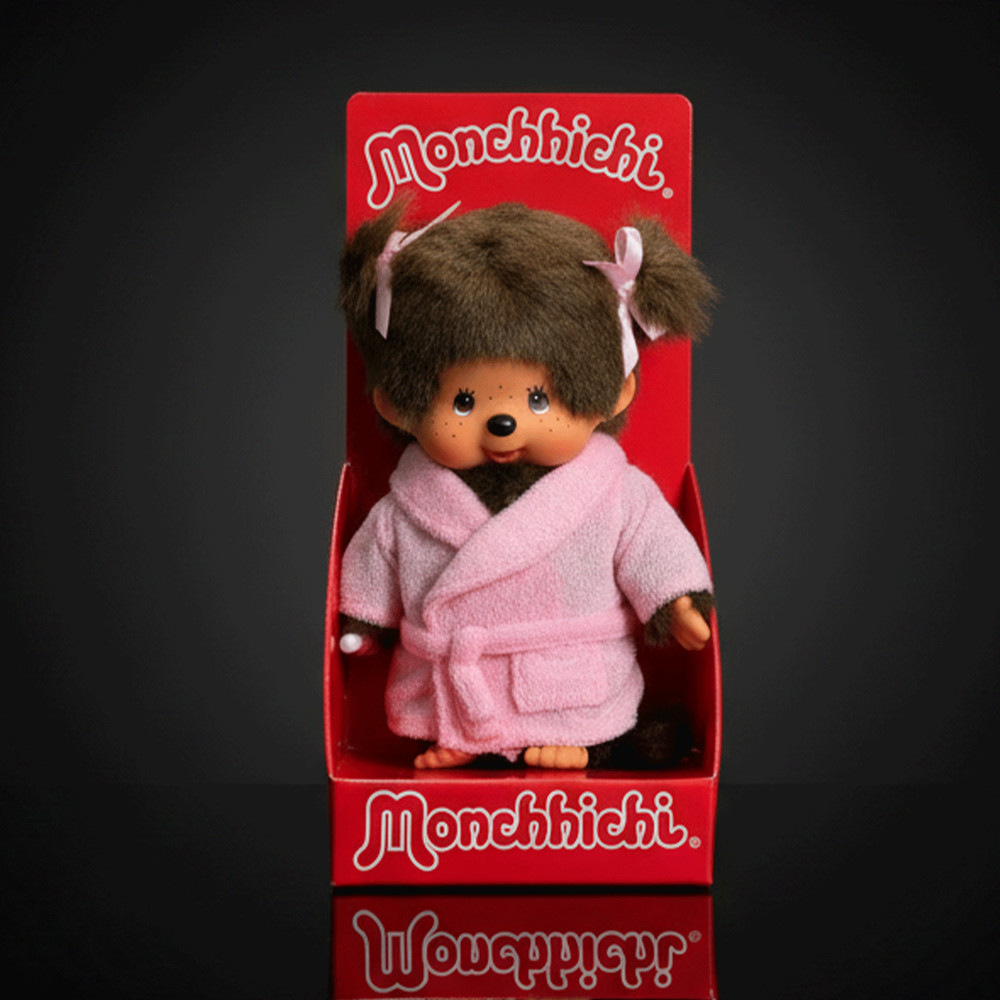 8″ Large Monchhichi Doll – Girl in Pink Bathrobe – Authentic Monkey Plush, NWT