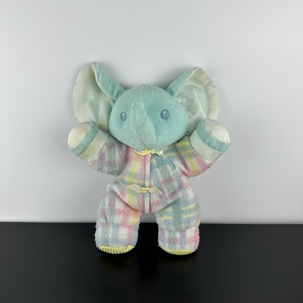 Vintage 1996 Playskool Snuzzles Pastel Plaid Elephant Plush Stuffed Animal Green