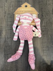 Organic Farm Buddies Plush Rattle Bunny Rabbit Doll Pink White Stripes Stars 12″