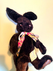 Handmade Black Plush Stuffed Rabbit Bunny Limited Edition Floral Ribbon 2000