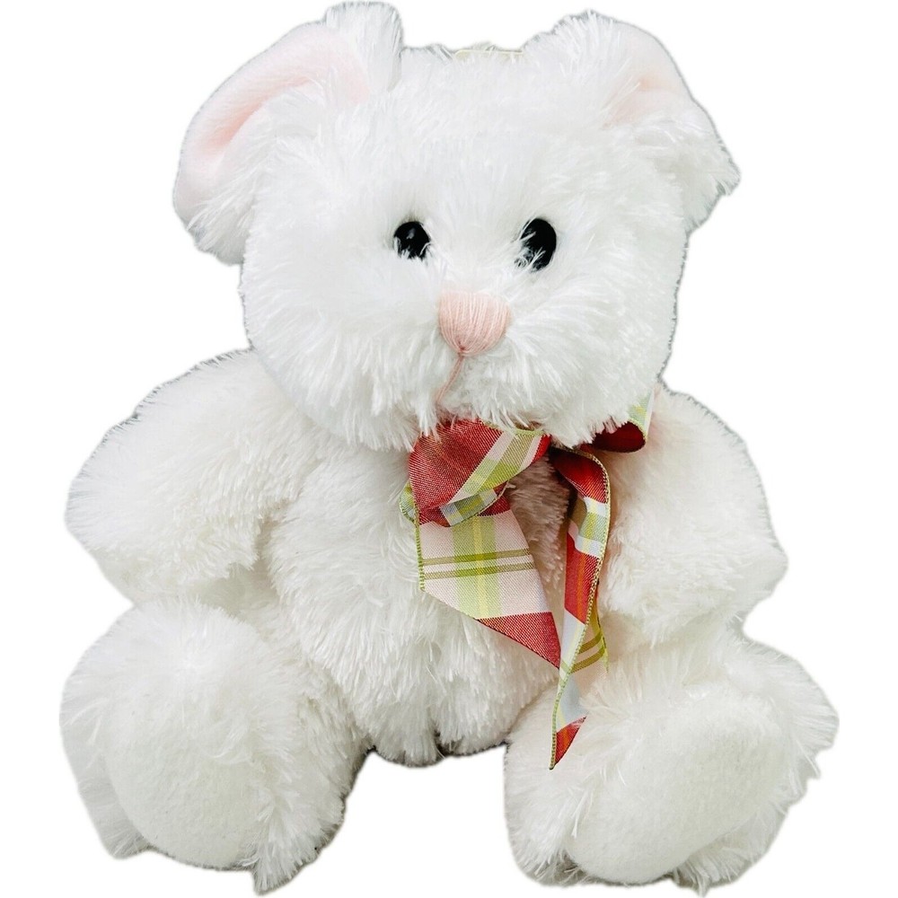 Hallmark White Furry Easter Bunny 8″ Plush Pink Ears Plaid Ribbon NWT