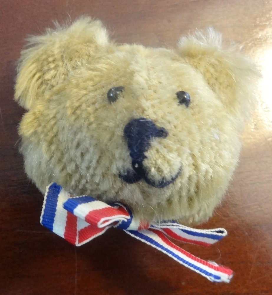 Vintage STEIFF Brown Mohair Bear Head Pin Brooch Red White Blue Ribbon