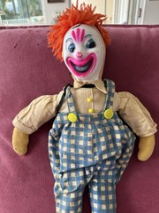 Vintage 23 Inch stuffed Clown Doll Plastic Face Looks Like A Mask