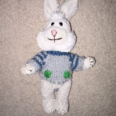 Vintage Chrisha Playful Plush Easter Bunny Rabbit Wearing Gray and Blue Sweater