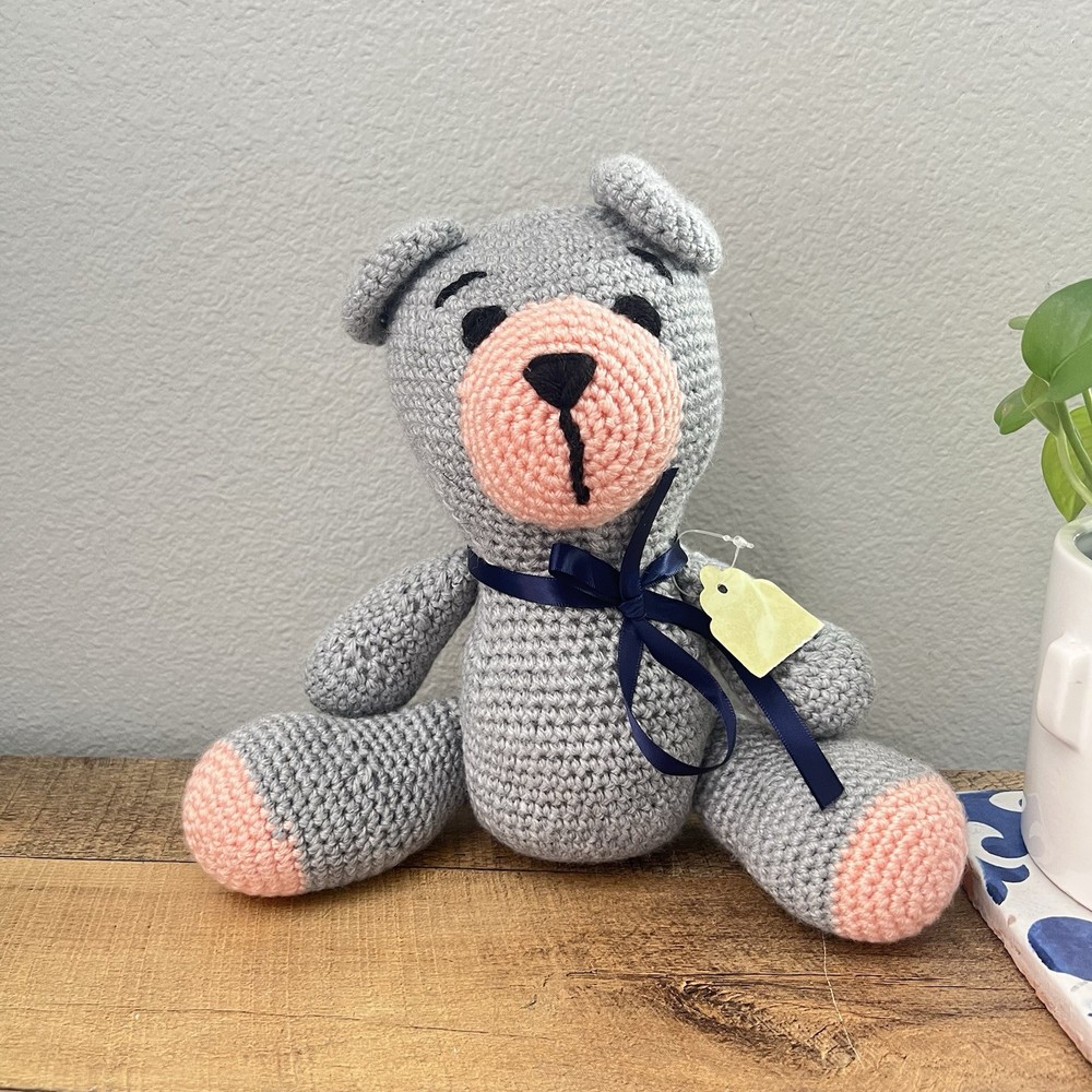 Handmade Crochet Gray & Pink Teddy Bear Stuffed Animal Doll