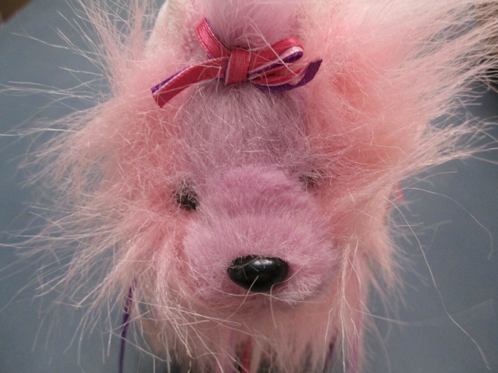 Dog Pink Furry Plush Purple Ribbon Yorkie Ganz 10 in size nose to tail