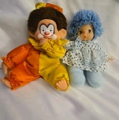 Corky Clown Monchhichi Stuffed Doll Vintage Yellow Orange and Blue Cean Doll