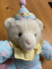 19” Vintage 1990’s Dankin Clown Bear Plush, w/Pastel Quilted Polka Dot fabric
