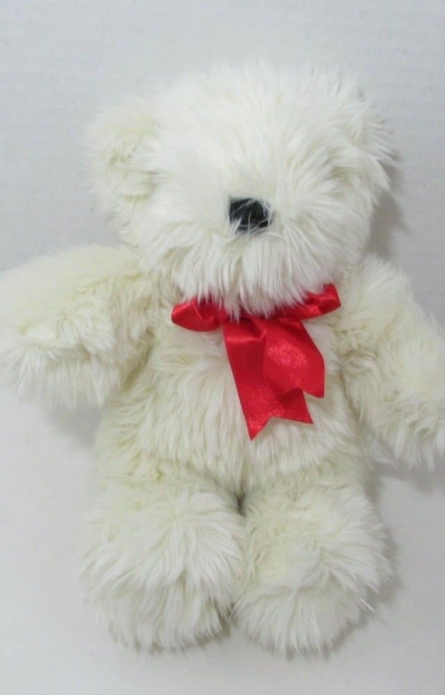 Plush Teddy Bear Beige Cream Red satin ribbon bow shaggy furry