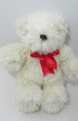 Plush Teddy Bear Beige Cream Red satin ribbon bow shaggy furry