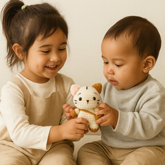 Sutra Crochet Kitty Plush – Cream Cat with Bow & Bag | Soft Toy Gift for Kids