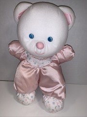 Vintage 1992 FISHER PRICE Plush White Pink Satin TEDDY BEAR Stuffed Animal Lovey