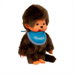 8″ Large Monchhichi Doll – Classic Boy, Blue Bib – Authentic Monkey Plush, NWT