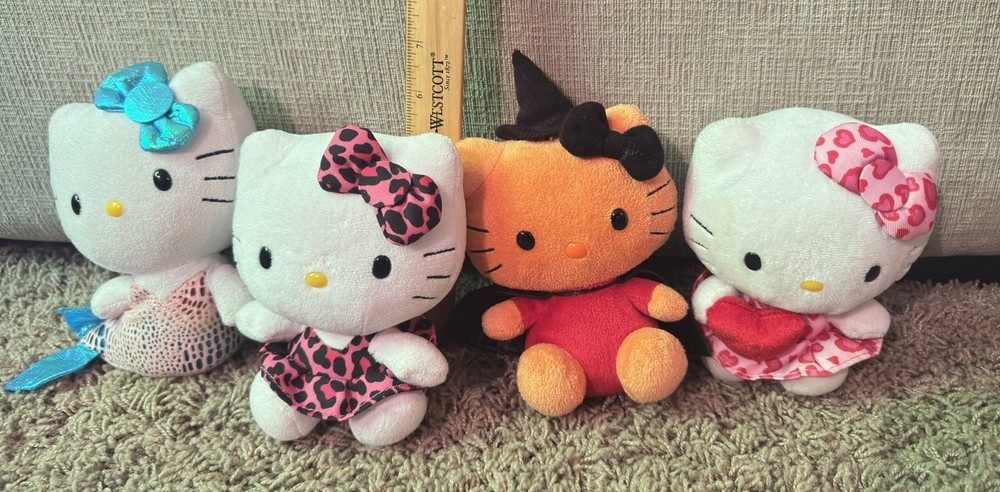 Lot of 4 Ty 6″ Plush Hello Kitty Stuffed Toy Mermaid, Hearts, Leopard, Witch