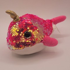 Fiesta Narwhal Plush Sequin Flip Stuffed Animal Toy Pink Gold 8″ Big Eyes
