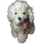 Adorable White Shaggy Dog Plush Toy Red Green Gingham Bow Christmas Holiday