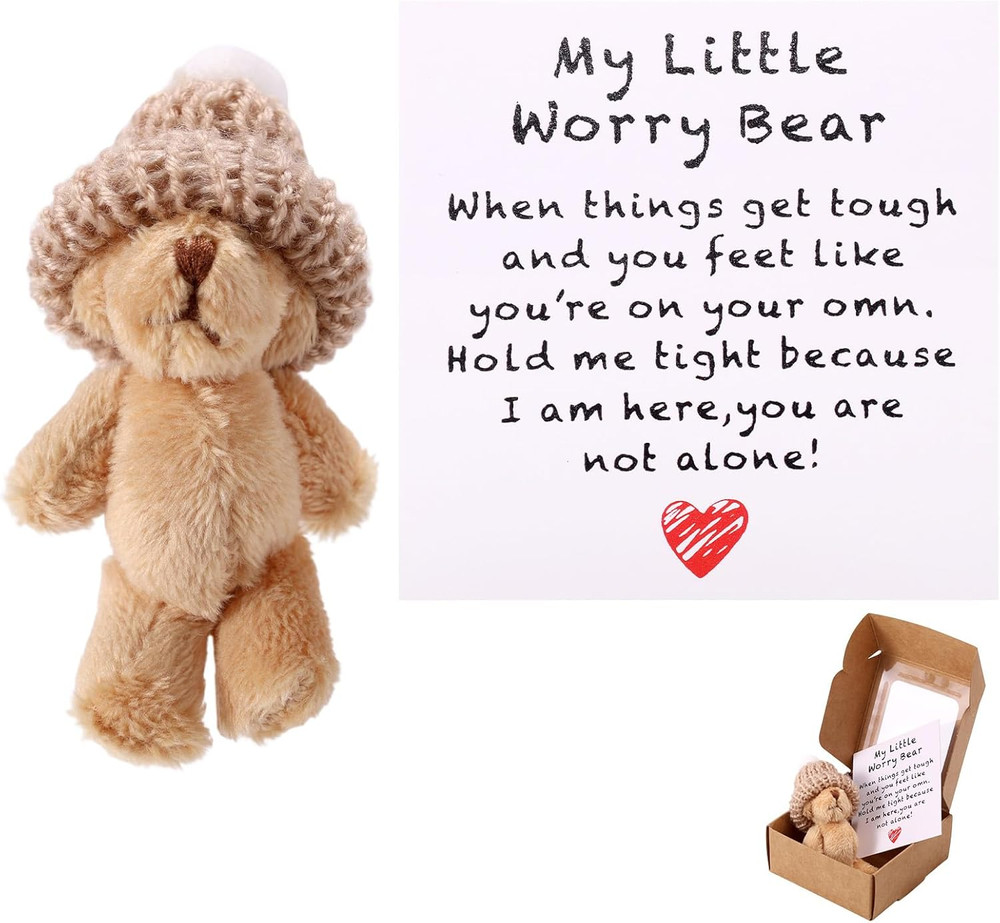 1 Set Mini Plush Worry Bear with A Hat, Handmade Positive Small Plush Bear in A