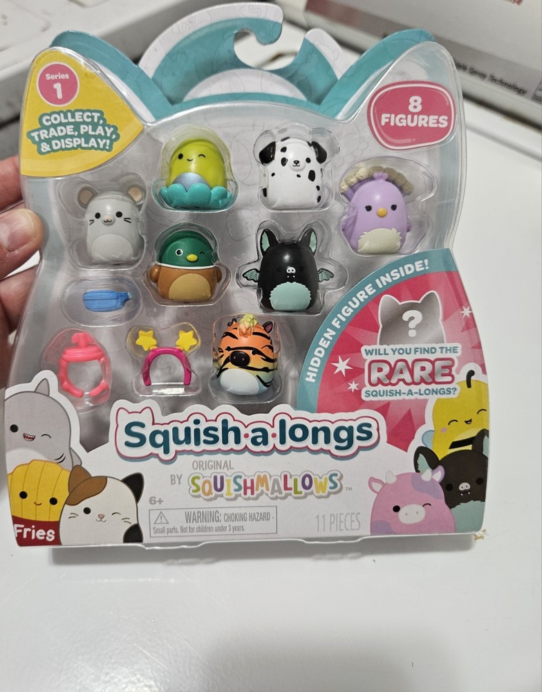 Squish-a-longs 8 Pack – 1” Mini-Squish with 2 Accessories, 1 Ring Series 1-RARE-