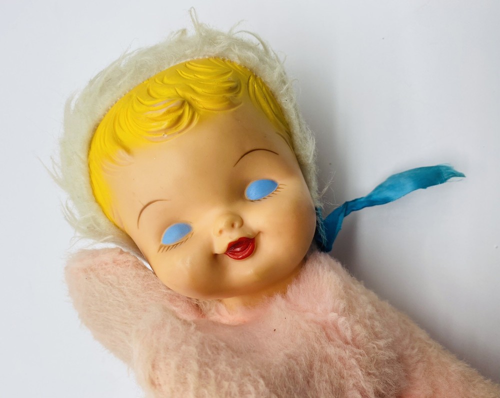 Vintage rubber face plush 12” Pink Sleepyhead Plush Bean Bag Blue Ribbon