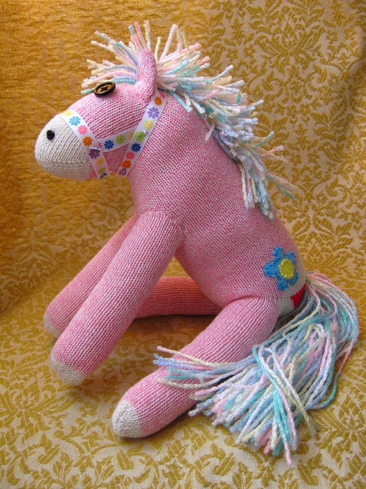 Sock Monkey Horse Pony Pink – Daisy Halter + Tattoo, Rainbow Mane Handmade