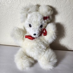 Vintage White Alpaca Fur Teddy Bear Plush Red Ribbon Bow Seated 12 Inch
