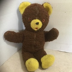 Vintage Teddy Bear Brown Yellow Ears and Feet Plastic Eyes 15”