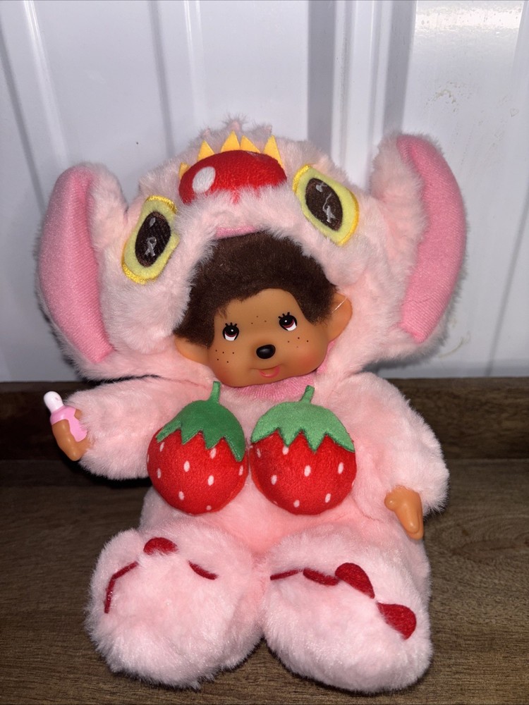 Monchhichi Plush Doll Unisex 8in Pink Stitch Strawberry Costume