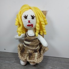 Blonde Sutra Hand Crochet Doll Brown Dress Granny Made Vtg Soft Plush Toy