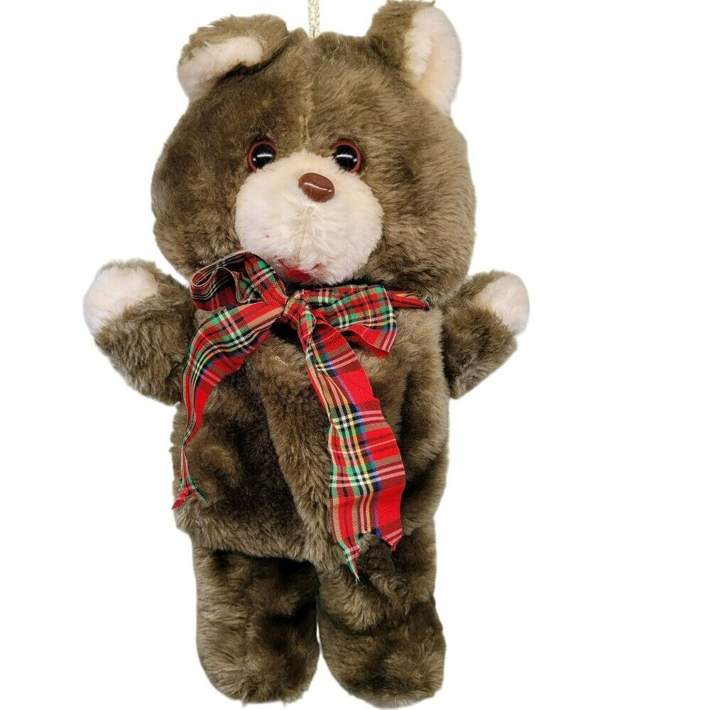 Fairview Plush Teddy Bear Christmas Stocking Red Plaid Bow Vtg