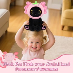 Cute Axolotl Plush Toy – 8 Kawaii Black Cat with Removable Strawberry Hood