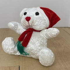 White Christmas Teddy Bear Red Santa Hat Scarf Plush 7″ Tall