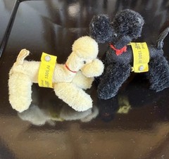 Steiff Mini Poodles Plush pair White & Black Vintage 1950 Germany 1506,44&46