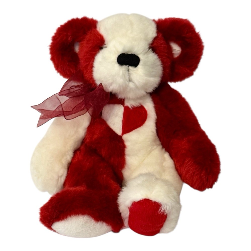 First & Main Half ‘n Half Plush Teddy Bear Red & White Colorblock Heart Bow 10”