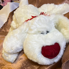 Dan Dee White Plush Puppy Dog Red Heart Nose Red Ribbon Bow 14in Vintage 1999