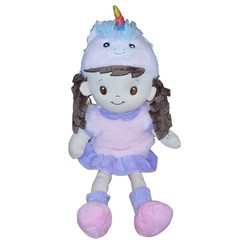 Goffa Doll Plush Pink Purple Dress With Unicorn Hat 21″ Stuffed Brown Hair