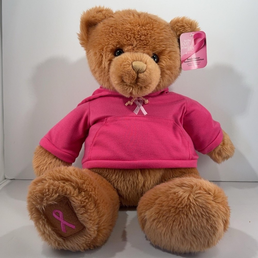 GUND Breast Cancer Ribbon Teddy Bear Pink Hoodie Plush Stuffed Animal Medium Toy