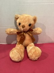 568-Light Brown Plush Teddy Bear Plain With Brown Bow Tie 12 Inch New