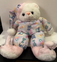 Vintage White Bear In Pajamas With Night Cap And Pink Bunny Slippers -16”