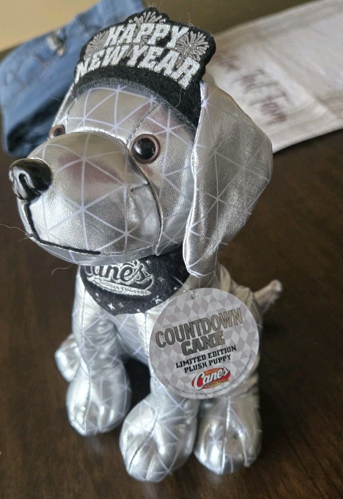 NWT Raising Cane’s Happy New Year Silver Countdown Colletor Dog Stuffed Plush