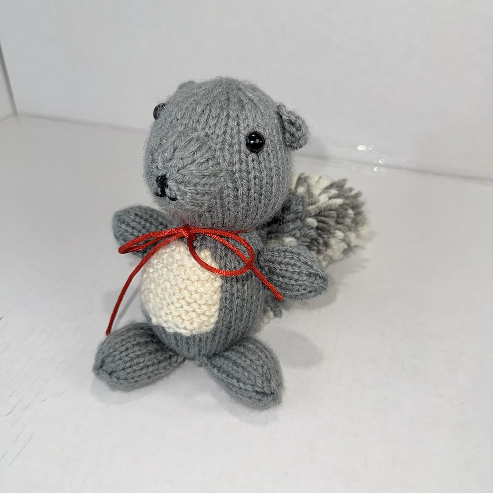 Handmade Crochet Squirrel Plush Doll Grey White Small With Bow And Button Eyes