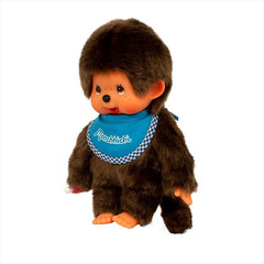 8″ Large Monchhichi Doll – Classic Boy, Blue Bib – Authentic Monkey Plush, NWT