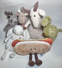 Lot Of 6 Jellycat Plush Goat Giraffe Hot Dog Moose Bunny Ballerina Diplodocus
