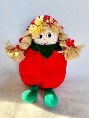 Vintage Chosun Plush Tomato Fruit Girl Doll Red Polka Dot Yarn Hair 10″