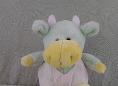 Baby Cow Plush 10″ Sitting Green Yellow w/ Pink White Plaid Romper Unbranded